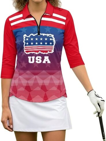 Quarter Zip Collared Polo Tops Stretchy 3/4 Sleeve Athletic Golf Shirts for Women Dry Fit Size S-2XL in Kuwait