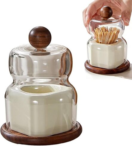 Walnut & Ceramic Toothpick Holder, Tabletop Dispenser, Home Decor Gift | Elegant Walnut & Ceramic Cloche Smart Anti-Stick Fit Premium Natural Materials Compact & Stable Thoughtful Gift Without Box in Saudi Arabia