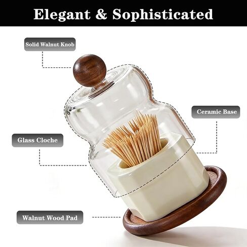 Walnut & Ceramic Toothpick Holder, Tabletop Dispenser, Home Decor Gift | Elegant Walnut & Ceramic Cloche Smart Anti-Stick Fit Premium Natural Materials Compact & Stable Thoughtful Gift Without Box in Saudi Arabia
