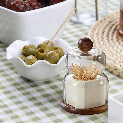 Walnut & Ceramic Toothpick Holder, Tabletop Dispenser, Home Decor Gift | Elegant Walnut & Ceramic Cloche Smart Anti-Stick Fit Premium Natural Materials Compact & Stable Thoughtful Gift Without Box in Saudi Arabia