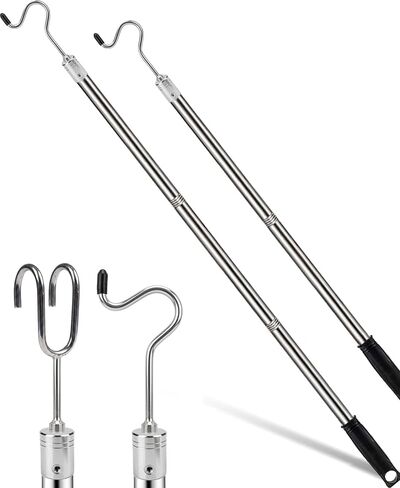 Closet Reacher Pole with Hooks,Clothes Hook Pole Extendable from 35" to 50" to Reach High Stainless Steel Hanger Reacher Pole for Reaching Clothes,Christmas Lights,Plants in Kuwait
