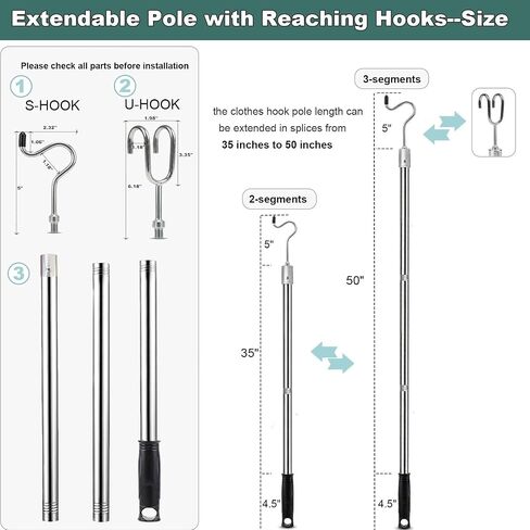 Closet Reacher Pole with Hooks,Clothes Hook Pole Extendable from 35" to 50" to Reach High Stainless Steel Hanger Reacher Pole for Reaching Clothes,Christmas Lights,Plants in Kuwait