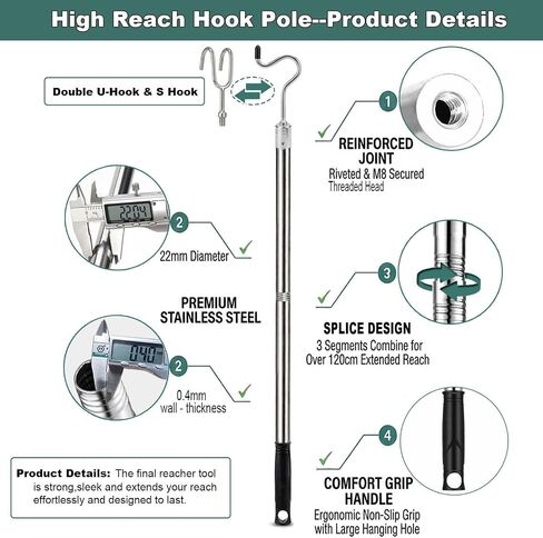 Closet Reacher Pole with Hooks,Clothes Hook Pole Extendable from 35" to 50" to Reach High Stainless Steel Hanger Reacher Pole for Reaching Clothes,Christmas Lights,Plants in Kuwait