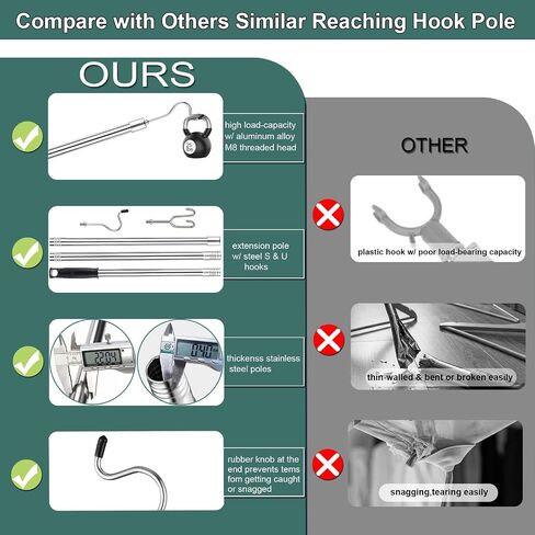 Closet Reacher Pole with Hooks,Clothes Hook Pole Extendable from 35" to 50" to Reach High Stainless Steel Hanger Reacher Pole for Reaching Clothes,Christmas Lights,Plants in Kuwait