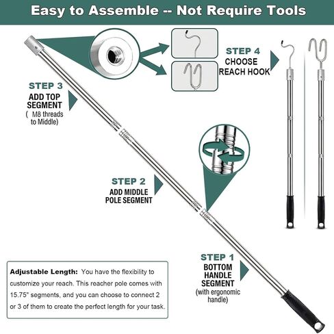 Closet Reacher Pole with Hooks,Clothes Hook Pole Extendable from 35" to 50" to Reach High Stainless Steel Hanger Reacher Pole for Reaching Clothes,Christmas Lights,Plants in Kuwait