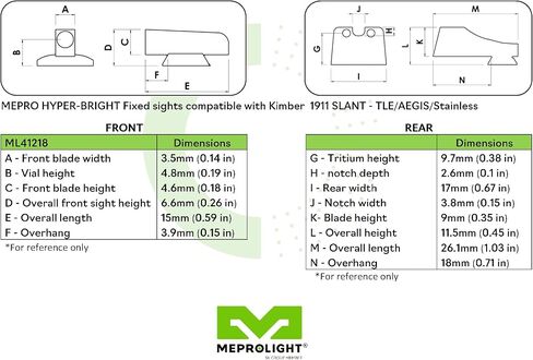 مجموعة مسدس Meprolight Hyper-Bright Kimber 1911 Pistol Sight، حلقة برتقالية ثابتة/نقطة خضراء، إضاءة التريتيوم (0412183131) in Kuwait