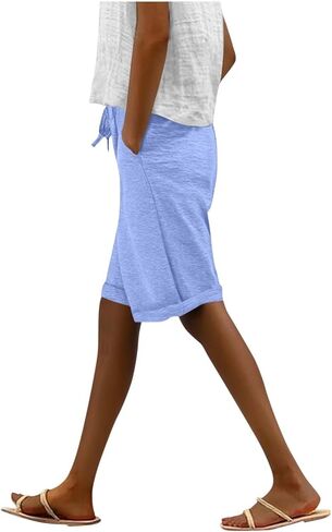 Comfy Bermuda Shorts for Women Knee Length High Waisted Casual Shorts Summer Workout Short Pants with Pockets in Kuwait
