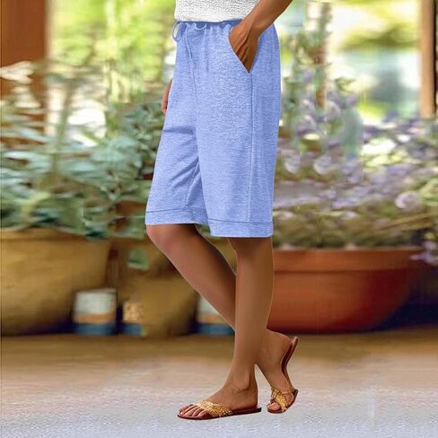 Comfy Bermuda Shorts for Women Knee Length High Waisted Casual Shorts Summer Workout Short Pants with Pockets in Kuwait