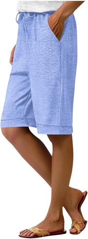 Comfy Bermuda Shorts for Women Knee Length High Waisted Casual Shorts Summer Workout Short Pants with Pockets in Kuwait
