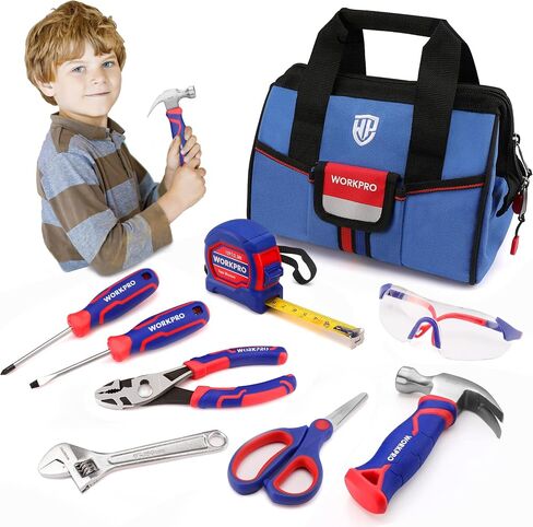 WORKPRO 9-Piece Kids Real Hand Tool Set, Blue Junior Tool Kit with Storage Bag for Boys, Girls, Children DIY Building and Woodworking, Age 8+ in Kuwait