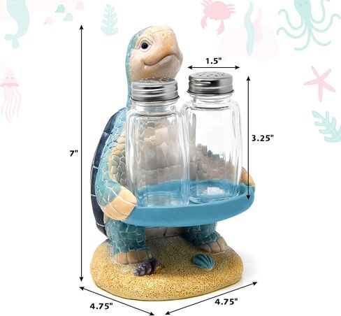 Sea Turtle Salt and Pepper Shakers Set with Holder, Coastal Beach Kitchen Table Decor, Ocean Themed Resin Figurine Set in Kuwait