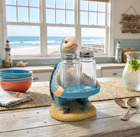 Sea Turtle Salt and Pepper Shakers Set with Holder, Coastal Beach Kitchen Table Decor, Ocean Themed Resin Figurine Set in Kuwait