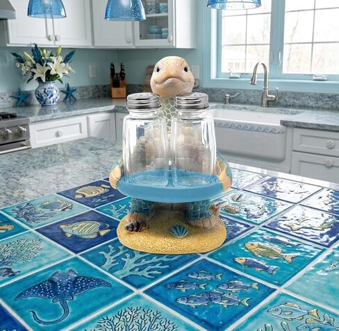 Sea Turtle Salt and Pepper Shakers Set with Holder, Coastal Beach Kitchen Table Decor, Ocean Themed Resin Figurine Set in Kuwait