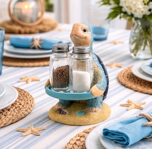 Sea Turtle Salt and Pepper Shakers Set with Holder, Coastal Beach Kitchen Table Decor, Ocean Themed Resin Figurine Set in Kuwait