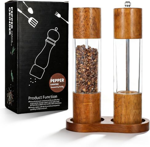 Wooden Salt and Pepper Grinder Set, 8 inch Manual Refillable Wooden Salt and Pepper Shakers Mill with Tray, Adjustable Coarseness, Solid Wood with Ceramic Stainless Steel Core, Transparent - 2 Packs in Kuwait