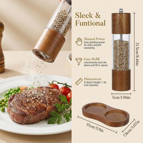 Wooden Salt and Pepper Grinder Set, 8 inch Manual Refillable Wooden Salt and Pepper Shakers Mill with Tray, Adjustable Coarseness, Solid Wood with Ceramic Stainless Steel Core, Transparent - 2 Packs in Kuwait