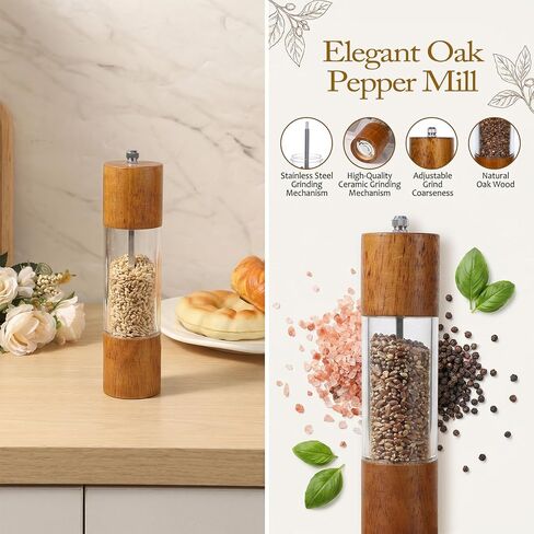Wooden Salt and Pepper Grinder Set, 8 inch Manual Refillable Wooden Salt and Pepper Shakers Mill with Tray, Adjustable Coarseness, Solid Wood with Ceramic Stainless Steel Core, Transparent - 2 Packs in Kuwait