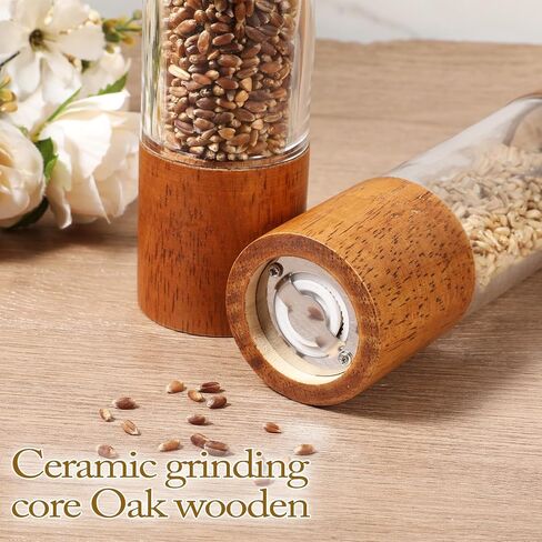 Wooden Salt and Pepper Grinder Set, 8 inch Manual Refillable Wooden Salt and Pepper Shakers Mill with Tray, Adjustable Coarseness, Solid Wood with Ceramic Stainless Steel Core, Transparent - 2 Packs in Kuwait