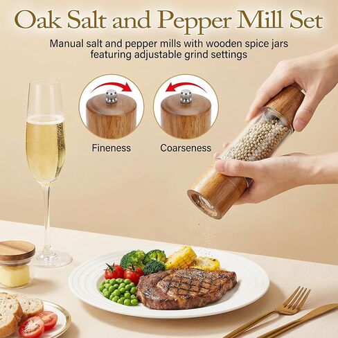 Wooden Salt and Pepper Grinder Set, 8 inch Manual Refillable Wooden Salt and Pepper Shakers Mill with Tray, Adjustable Coarseness, Solid Wood with Ceramic Stainless Steel Core, Transparent - 2 Packs in Kuwait