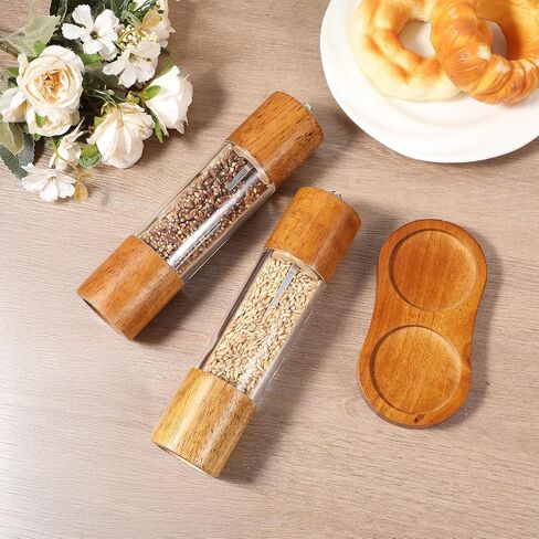 Wooden Salt and Pepper Grinder Set, 8 inch Manual Refillable Wooden Salt and Pepper Shakers Mill with Tray, Adjustable Coarseness, Solid Wood with Ceramic Stainless Steel Core, Transparent - 2 Packs in Kuwait