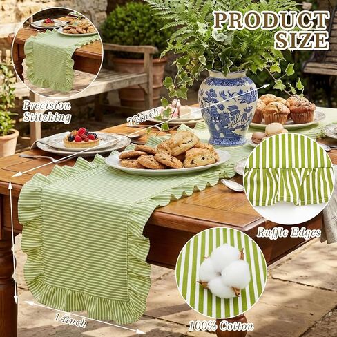 HunnmingRe Ruffle Trim Boho Table Runner Farmhouse Rustic Stripes Scalloped Table Runner Decorative Cloth for Home Dining Cafes Restaurants Hotel Baby Shower Wedding(Green,14x72inch) in Kuwait