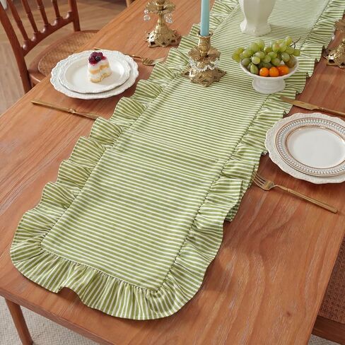 HunnmingRe Ruffle Trim Boho Table Runner Farmhouse Rustic Stripes Scalloped Table Runner Decorative Cloth for Home Dining Cafes Restaurants Hotel Baby Shower Wedding(Green,14x72inch) in Kuwait