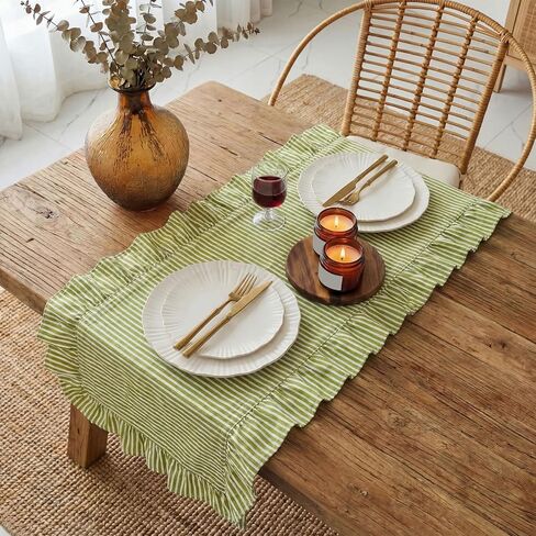 HunnmingRe Ruffle Trim Boho Table Runner Farmhouse Rustic Stripes Scalloped Table Runner Decorative Cloth for Home Dining Cafes Restaurants Hotel Baby Shower Wedding(Green,14x72inch) in Kuwait