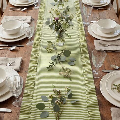 HunnmingRe Ruffle Trim Boho Table Runner Farmhouse Rustic Stripes Scalloped Table Runner Decorative Cloth for Home Dining Cafes Restaurants Hotel Baby Shower Wedding(Green,14x72inch) in Kuwait