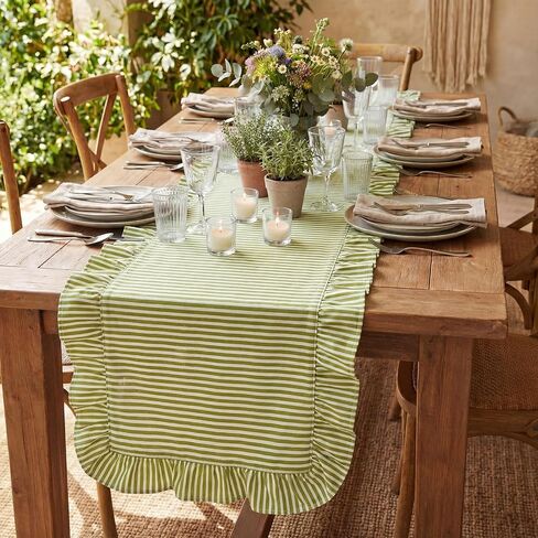 HunnmingRe Ruffle Trim Boho Table Runner Farmhouse Rustic Stripes Scalloped Table Runner Decorative Cloth for Home Dining Cafes Restaurants Hotel Baby Shower Wedding(Green,14x72inch) in Kuwait