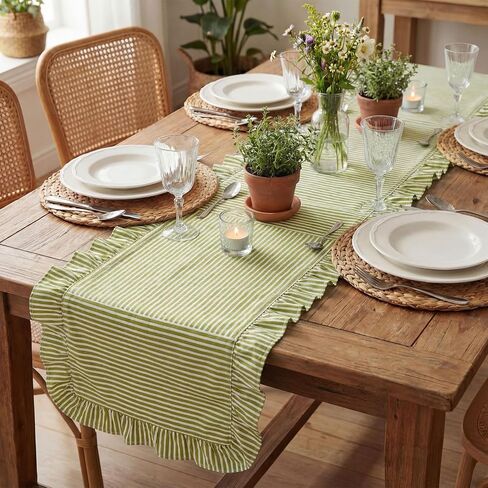HunnmingRe Ruffle Trim Boho Table Runner Farmhouse Rustic Stripes Scalloped Table Runner Decorative Cloth for Home Dining Cafes Restaurants Hotel Baby Shower Wedding(Green,14x72inch) in Kuwait