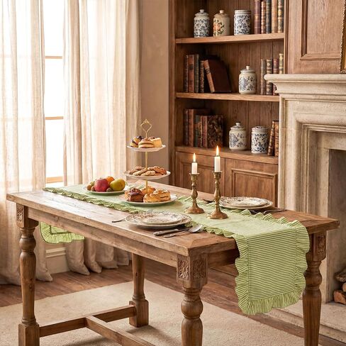 HunnmingRe Ruffle Trim Boho Table Runner Farmhouse Rustic Stripes Scalloped Table Runner Decorative Cloth for Home Dining Cafes Restaurants Hotel Baby Shower Wedding(Green,14x72inch) in Kuwait