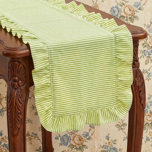 HunnmingRe Ruffle Trim Boho Table Runner Farmhouse Rustic Stripes Scalloped Table Runner Decorative Cloth for Home Dining Cafes Restaurants Hotel Baby Shower Wedding(Green,14x72inch) in Kuwait