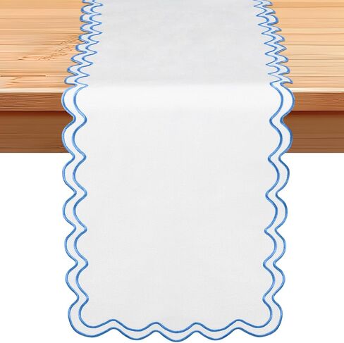 108 Inches Scalloped Edge Table Runner, Double Linen Fabric Table Runner Outdoor, Rustic Dining Decor for House Kitchen Coffee(Pure White, Sky Blue) in Kuwait