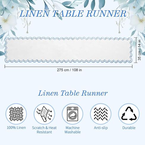 108 Inches Scalloped Edge Table Runner, Double Linen Fabric Table Runner Outdoor, Rustic Dining Decor for House Kitchen Coffee(Pure White, Sky Blue) in Kuwait