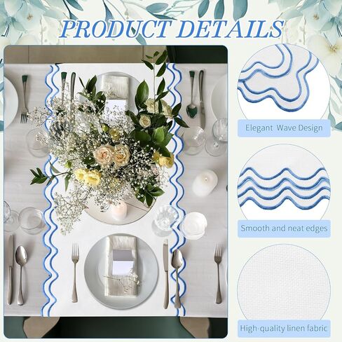 108 Inches Scalloped Edge Table Runner, Double Linen Fabric Table Runner Outdoor, Rustic Dining Decor for House Kitchen Coffee(Pure White, Sky Blue) in Kuwait