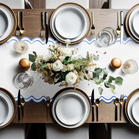 108 Inches Scalloped Edge Table Runner, Double Linen Fabric Table Runner Outdoor, Rustic Dining Decor for House Kitchen Coffee(Pure White, Sky Blue) in Kuwait