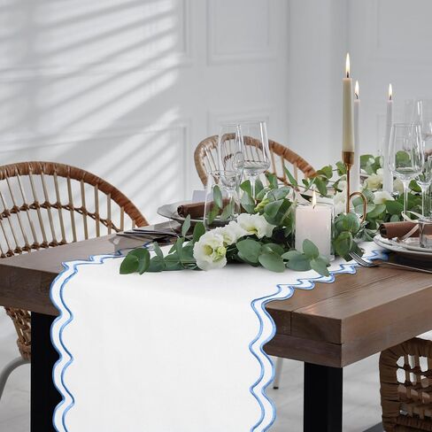 108 Inches Scalloped Edge Table Runner, Double Linen Fabric Table Runner Outdoor, Rustic Dining Decor for House Kitchen Coffee(Pure White, Sky Blue) in Kuwait