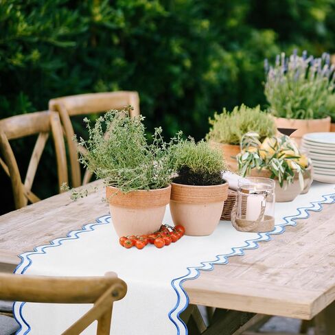 108 Inches Scalloped Edge Table Runner, Double Linen Fabric Table Runner Outdoor, Rustic Dining Decor for House Kitchen Coffee(Pure White, Sky Blue) in Kuwait
