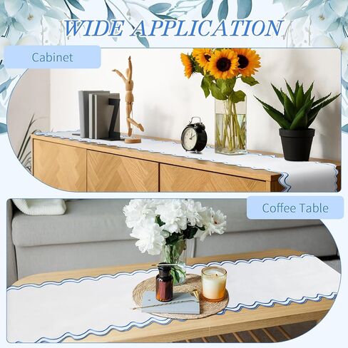 108 Inches Scalloped Edge Table Runner, Double Linen Fabric Table Runner Outdoor, Rustic Dining Decor for House Kitchen Coffee(Pure White, Sky Blue) in Kuwait