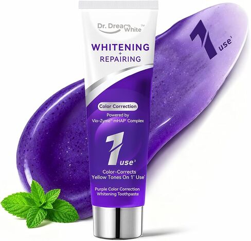 Dr.DreamWhite Purple Color Correction Whitening Toothpaste, 4oz, Pack of 2 | with 2 Toothbrushes - for Yellow & Sensitive Teeth | VIO-Zyme mHAP Formula, Instantly Brightens, Fluoride-Free in Kuwait