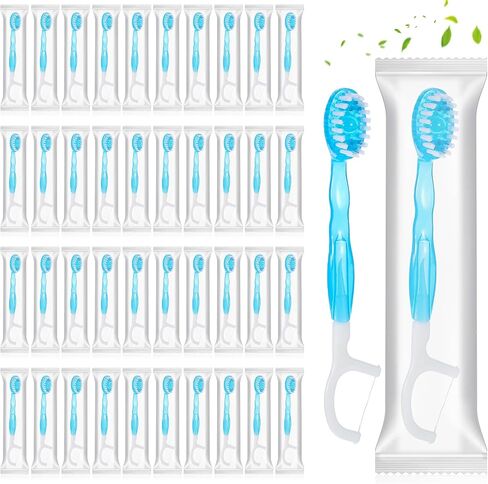 50 Pack Individually Wrapped Disposable Mini Travel Toothbrushes | 5 in 1 Pre-Pasted Toothbrush Brush+Floss+Pick+Tongue Scraper On The Go Portable Toothbrush with Freshening Bead, Coolmint in Kuwait