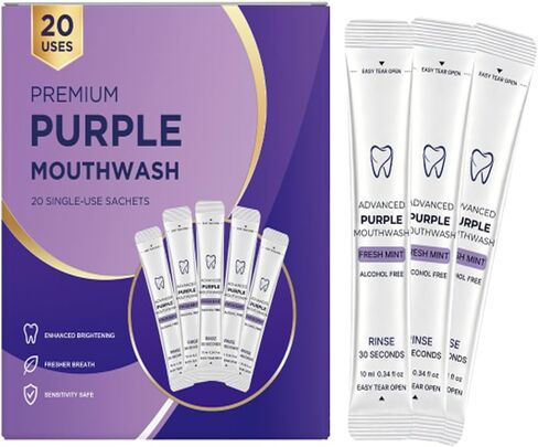 Purple Mouthwash Whitening Sachets 20 Pack – Color Correcting Formula, Alcohol & Peroxide Free, Fresh Mint, Travel Portable Oral Care (1 Boxes) in Kuwait