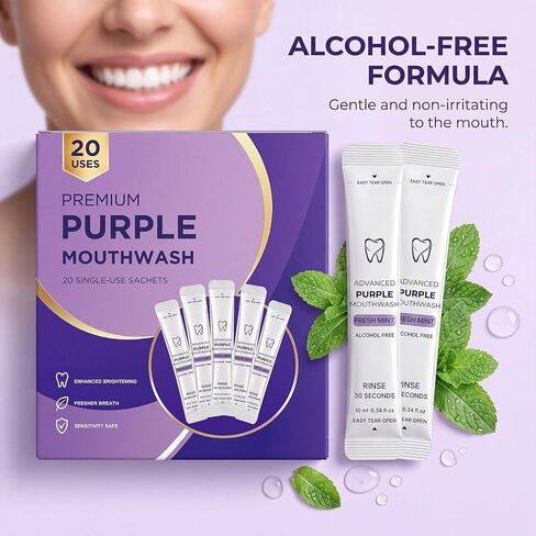 Purple Mouthwash Whitening Sachets 20 Pack – Color Correcting Formula, Alcohol & Peroxide Free, Fresh Mint, Travel Portable Oral Care (1 Boxes) in Kuwait