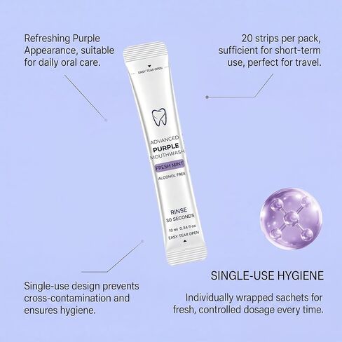 Purple Mouthwash Whitening Sachets 20 Pack – Color Correcting Formula, Alcohol & Peroxide Free, Fresh Mint, Travel Portable Oral Care (1 Boxes) in Kuwait