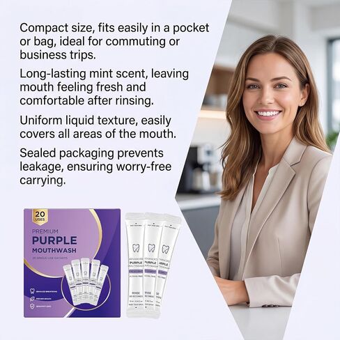 Purple Mouthwash Whitening Sachets 20 Pack – Color Correcting Formula, Alcohol & Peroxide Free, Fresh Mint, Travel Portable Oral Care (1 Boxes) in Kuwait