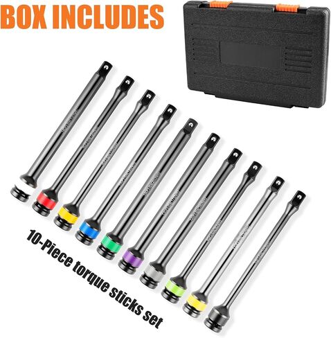 Torque Limiting Extension Bar Kit, 10 Piece 1/2" Drive Torque Wrench Set with Color-Coded Torque Sticks (65-150 Ft-Lbs), Compatible with 1/2" Drive Tools for Lug Nuts, Automotive Repair in Kuwait