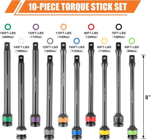 Torque Limiting Extension Bar Kit, 10 Piece 1/2" Drive Torque Wrench Set with Color-Coded Torque Sticks (65-150 Ft-Lbs), Compatible with 1/2" Drive Tools for Lug Nuts, Automotive Repair in Kuwait
