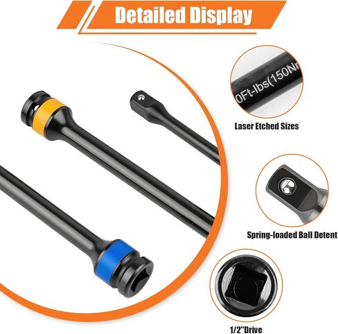 Torque Limiting Extension Bar Kit, 10 Piece 1/2" Drive Torque Wrench Set with Color-Coded Torque Sticks (65-150 Ft-Lbs), Compatible with 1/2" Drive Tools for Lug Nuts, Automotive Repair in Kuwait