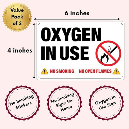3M Oxygen in Use Safety Sign, No Smoking No Open Flames Warning, White, Self-Adhesive, 4x6 Inches, Water, UV and Heat Resistant, Pack of 2 Signages in Kuwait