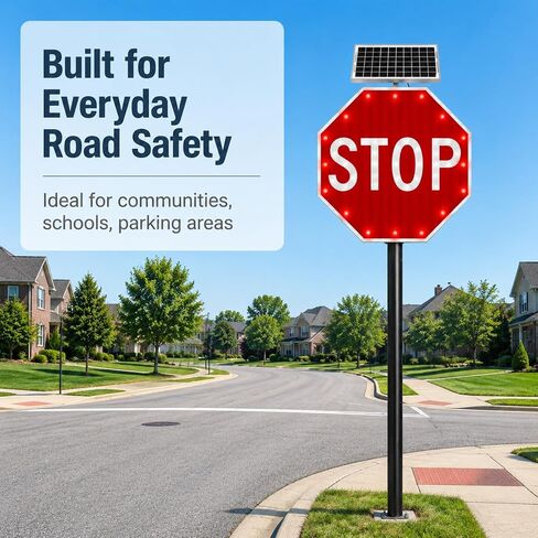 30 inch Solar Powered LED Stop Sign Traffic Control, Blinking Flashing LED Warning Sign, 5000mAh Rechargeable Stop Signs with Engineering Reflective Film & Galvanized Steel Plate, Easy Mounting for Outdoor Road Safety Control in Kuwait